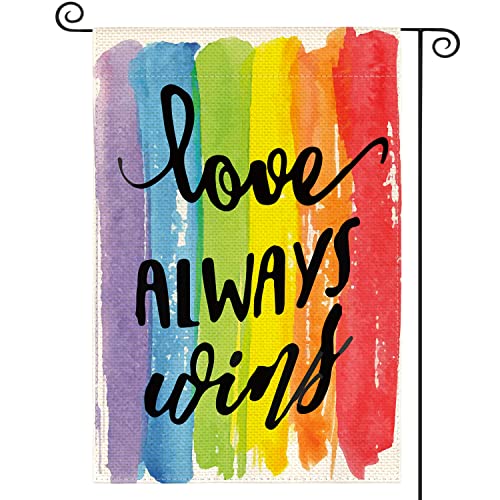 JIMOWANG Love Always Wins Rainbow Progress Pride Sackleinen-Gartenflagge, doppelseitig, für den Außenbereich, dekorativ, 30,5 x 45,7 cm, Veranda-, Terrassen-Flaggen von JIMOWANG