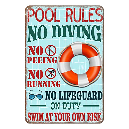 JIMOWANG Metal Sign Pool Rules Swim at Your Own Risk Wall Art Funny Swimming Pool Signs Decor Outdoor 12x8 Inches von JIMOWANG