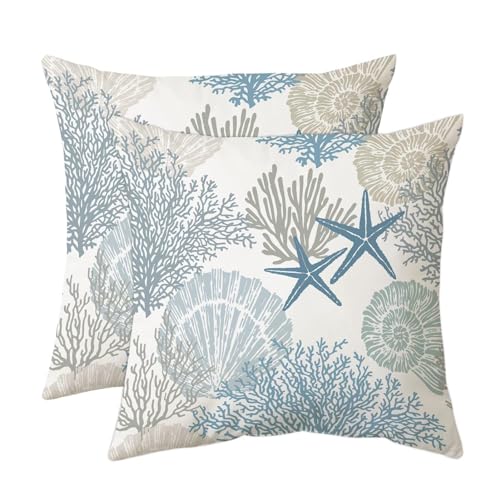 JIMOWANG Nautical Coastal Throw Pillow Covers 18 X 18 Inch Set of 2 Seashell Coral Starfish Decorative Pillow Cases Outdoor Sofa Cushion Cover von JIMOWANG