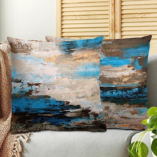 JIMOWANG Set of 2 Decorative Cushion Covers Square Modern Art Blue Brown Black Accent Velvet Throw Pillow Covers for Bed Living Room Sofa Couch 18 X 18 Inch von JIMOWANG