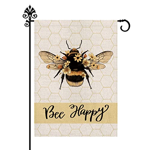 JIMOWANG Spring Bee Happy Flower Jute-Gartenflagge, doppelseitig, für den Außenbereich, dekorative Hofflagge, 30,5 x 45,7 cm, Veranda-, Terrassenbanner von JIMOWANG