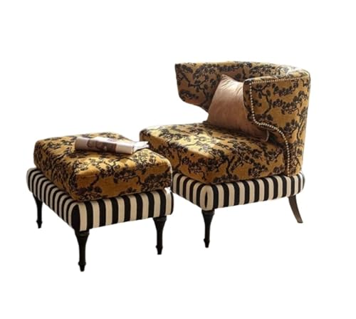 JINBIXIANGDJKS Massivholz Wohnzimmer Faul Sofa Stuhl Einzelne Retro Umarmung Stuhl(Yellow Chair+Footstool) von JINBIXIANGDJKS
