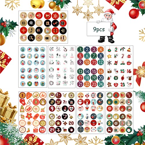 JINCHENG Adventskalender Zahlen Aufkleber 9 * 24 pcs Nummern Aufkleber für Weihnachten für Weihnachten zum Selber Basteln und Dekorieren, Runde Weihnachtskalender Zahlenaufkleber 2021 von JINCHENG