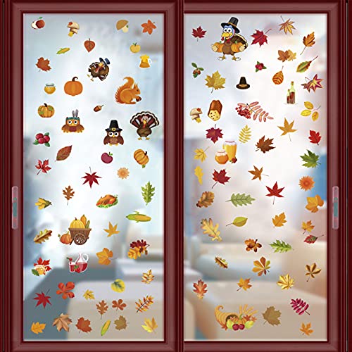 JINCHENG Erntedankfest Fensteraufkleber,8 Sheet Herbst Fensterbilder, Fenster Aufkleber Deko Ahornblatt Truthahn Thanksgiving Stickers für Herbstferien Party Dekorationen von JINCHENG