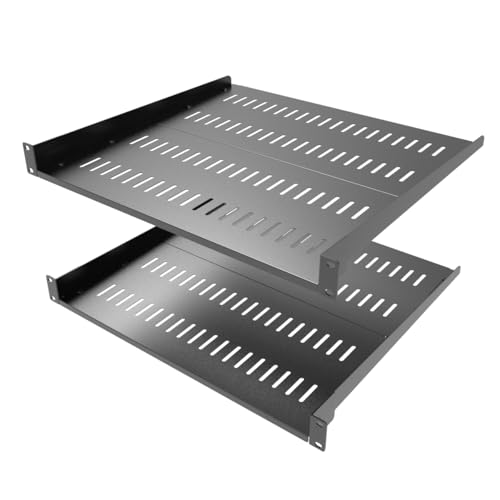 JINGCHENGMEI 2 Stück 1U belüftetes Server-Rack-Regal, 40,6 - 50,8 cm tief, verstellbar, universal, freitragende Rack-Halterung für 48,3 cm Netzwerkgeräte, Rack-Gehäuse, Schwarz (1U16In2PCS) von JINGCHENGMEI
