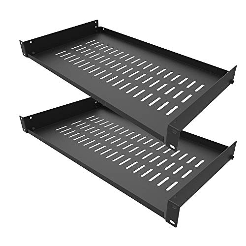 Jingchengmei 2er Pack von 1 HE 19-Zoll Cantilever zerlegtes Fachboden für Server Rack/Schrank bis 20 Kg - Belüfteter Fachboden für Serverschrank 25cm Tief (1U10V2PC, schwarz) von JINGCHENGMEI