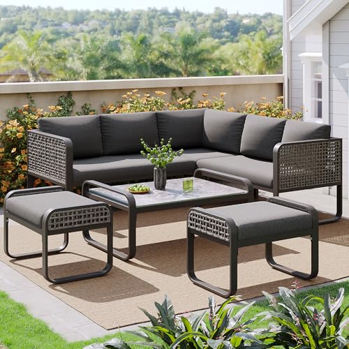 Gartenmöbel-Set, Garten-Ecksofa, Loungemöbel, Outdoor-Set für 6–7 Personen, Rattan-Metall-Gartenmöbel-Set mit allen Sitz- und Rückenkissen von JINGEDD