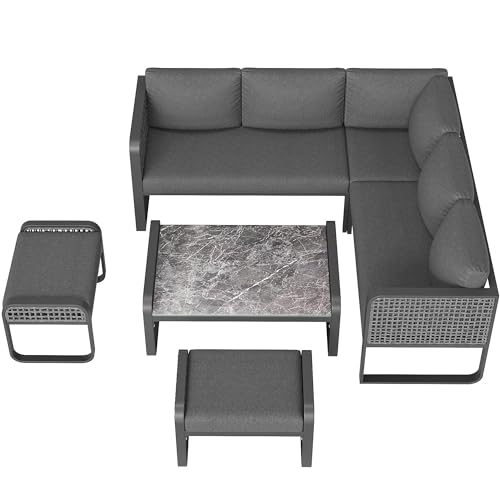 Gartenmöbel Set für 6-7 Personen, Lounge Möbel Outdoor Balkonmöbel Gartensofa aus Rattan mit 2 Großes Sofa 1 kleines Sofa 2 Sofabankund 1Tisch von JINGEDD