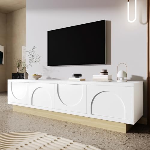 JINGEDD Modernes TV Lowboard mit Stauraum,TV Schrank Abgerundetes Design, Kabelmanagement, Texturfront, Weiß – MDF Medienkonsole Wohnzimmer,A von JINGEDD