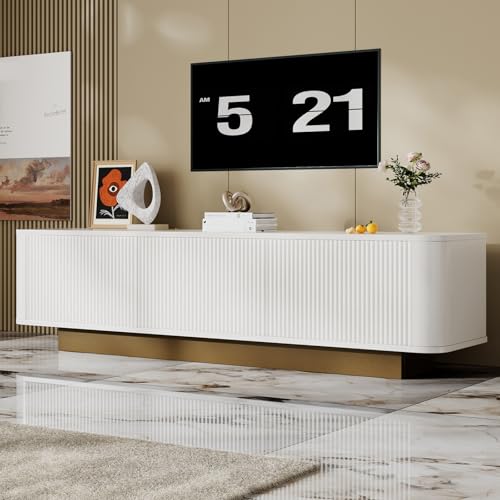 JINGEDD Modernes TV Lowboard mit Stauraum,TV Schrank Abgerundetes Design, Kabelmanagement, Texturfront, Weiß – MDF Medienkonsole Wohnzimmer,B von JINGEDD