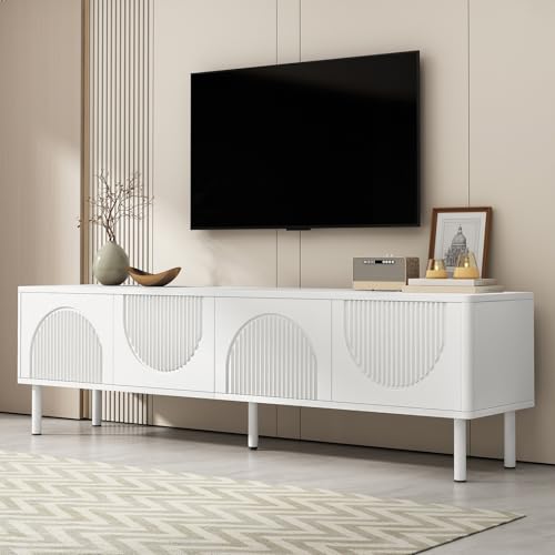 JINGEDD Modernes TV Lowboard mit Stauraum,TV Schrank Abgerundetes Design, Kabelmanagement, Texturfront, Weiß – MDF Medienkonsole Wohnzimmer,C von JINGEDD