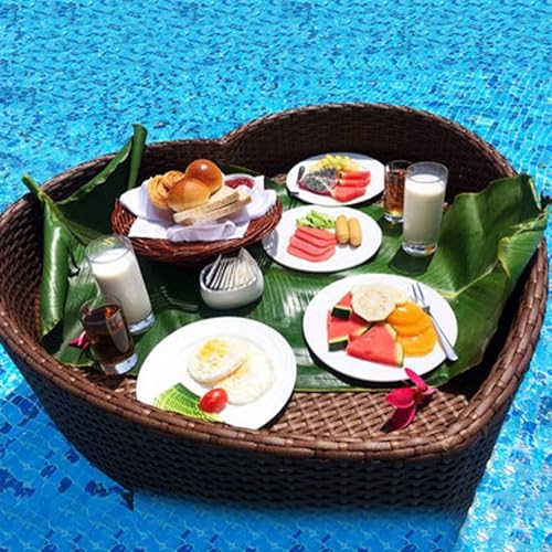 JINGEDD Schwimmendes Tablett für den Pool, Rattan-Billardtisch, schwimmendes Frühstückstablett auf dem Wasser, Schwimmbecken für Partys,Brown-Heart von JINGEDD