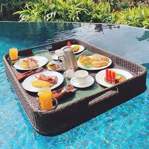JINGEDD Schwimmendes Tablett für den Pool, Rattan-Billardtisch, schwimmendes Frühstückstablett auf dem Wasser, Schwimmbecken für Partys,Brown-Rectangle von JINGEDD