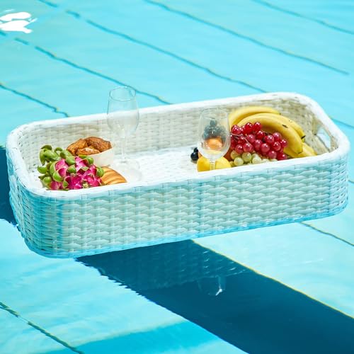 JINGEDD Schwimmendes Tablett für den Pool, Rattan-Billardtisch, schwimmendes Frühstückstablett auf dem Wasser, Schwimmbecken für Partys,White-Rectangle von JINGEDD