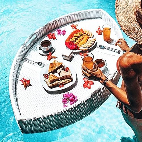 JINGEDD Schwimmendes Tablett für den Pool, Rattan-Billardtisch, schwimmendes Frühstückstablett auf dem Wasser, Schwimmbecken für Partys,White-leafshape von JINGEDD