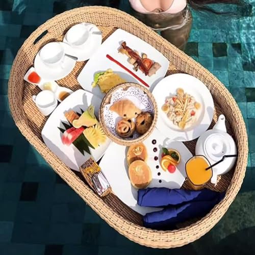 JINGEDD Schwimmendes Tablett für den Pool, Rattan-Billardtisch, schwimmendes Frühstückstablett auf dem Wasser, Schwimmbecken für Partys,apricot-oval von JINGEDD