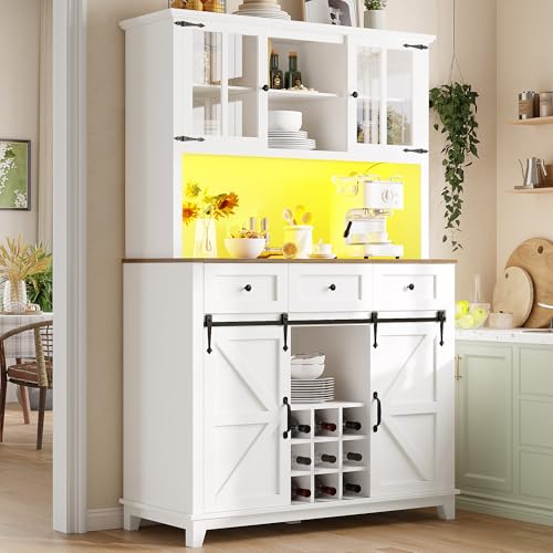 Küchenschrank, Hochschrank Küchenbuffet, Vitrinenschrank, Buffetschrank mit Verstellbaren Ablagen, Sideboard mit LED-Beleuchtung,Variable Lichtfarben(105×38.4×180cm),White von JINGEDD