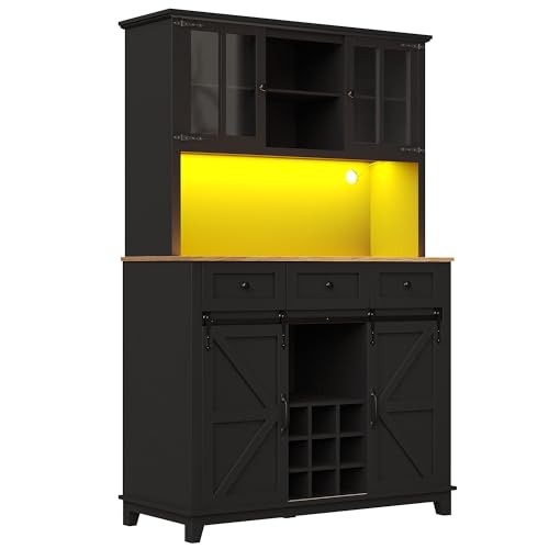 Küchenschrank Hochschrank Küchenbuffetschrank Sideboard mit mit 4 Türen und 3 Schubladen LED Beleuchtung (105×38.4×180cm),Black von JINGEDD
