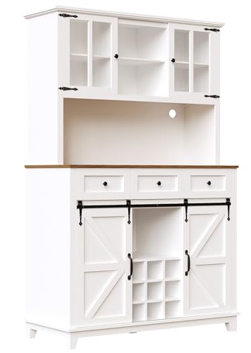 Küchenschrank Hochschrank Küchenbuffetschrank Sideboard mit mit 4 Türen und 3 Schubladen LED Beleuchtung (105×38.4×180cm),White von JINGEDD