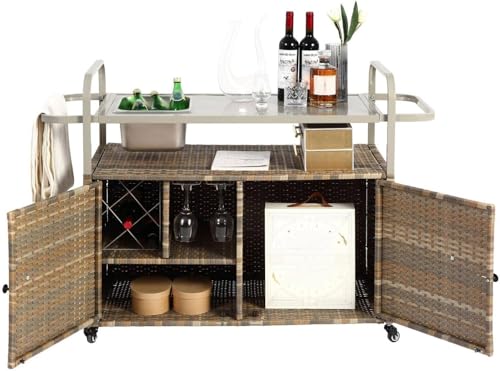 Outdoor-Stehtisch mit Unterschrank, Servierwagen aus PE-Rattan & Stahlblech, mit Eiskübel, 360°-Rollen, Seitenkorb, Eisbehälter - Allwettergeeignet für Garten, Pool & Terrasse,B von JINGEDD