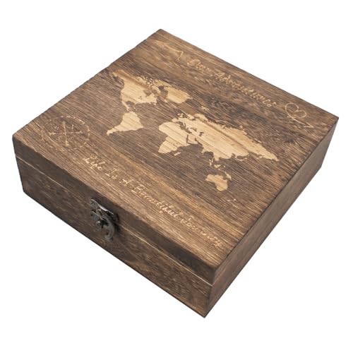 JINGHANGER Abenteuer Archivbox Abenteuer Holzkiste 19,5x19,5x7 cm Holzbox Aufbewahrungsbox Geschenkbox Weltkarte pattern Erinnerungsbox Reise Sammelbox von JINGHANGER