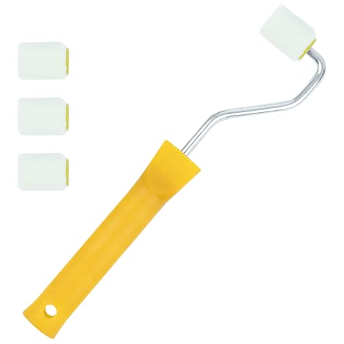 Mini Farbroller Set 1 Kunststoffgriff und 4 Bürstenköpfe Farbrollerbügel Malerwalze klein für Ausbessern von Kanten oder Ecken von JINGHANGER