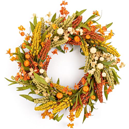 JINGHONG Künstlicher Herbstkranz, 55,9 cm, Herbstkränze für Haustür, orangefarbener Herbstkranz mit Kürbisen, Getreideohren, Laub für Ernte, Erntedankfest, Wand, Veranda, Bauernhaus, Kamin JINGHONG Künstlicher Herbstkranz, 55,9 cm, Herbstkränze für Haustür, orangefarbener Herbstkranz mit Kürbisen, Getreideohren, Laub für Ernte, Erntedankfest, Wand, Veranda, Bauernhaus, Kamin von JINGHONG