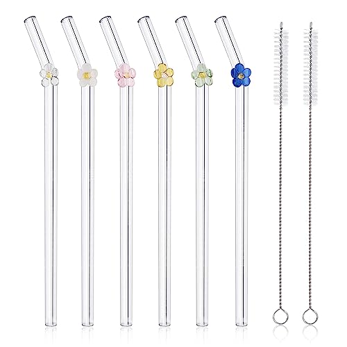 6 Stöcke Strohhalme Wiederverwendbar, Die Blumen Glasstrohhalme Kommt Mit 2 Stäbchen Strohhalm Bürste, 20 cm x 8 mm Transparent Trinkhalme Glas, Geeignet für Cocktail, Smoothie, Saft von JINGIHE