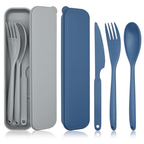 JINGIHE 2 Sets Large Reisebesteck mit Etui, Campingbesteck Set, Wiederverwendbar Outdoor Besteck,Unterwegs Plastik Besteck Messer Löffel Gabel für Lunchbox School Arbeit Picknick (Blau + Grau) von JINGIHE