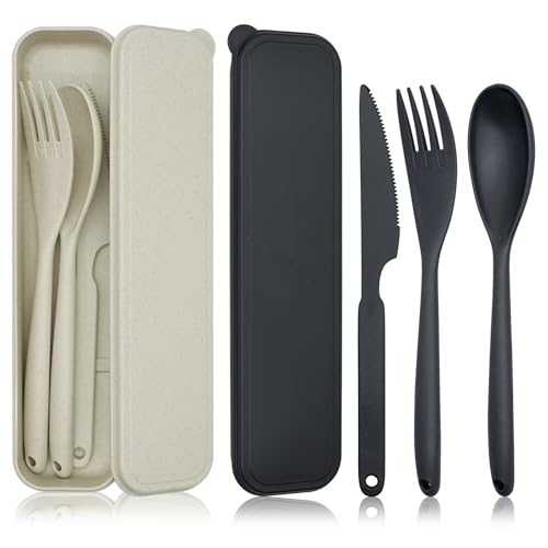 JINGIHE 2 Sets Large Reisebesteck mit Etui, Campingbesteck Set, Wiederverwendbar Outdoor Besteck,Unterwegs Plastik Besteck Messer Löffel Gabel für Lunchbox School Arbeit Picknick (Schwarz+Beige) von JINGIHE