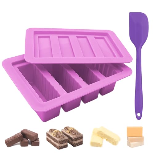 JINGIHE Backform Silikonform mit 4 Mulden, Riegelform Butter Schokoladenform Tief Silikon mit Spatel, Silikonformen Kit für Brownie Schokolade Müsliriegel Energieriegel Muffins Waffeln Seife(Lila) von JINGIHE