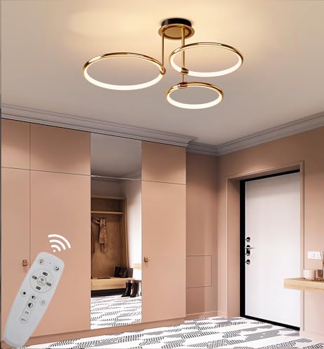 JINGKER LED-Deckenleuchte in Goldfarbe,moderne ringförmige Design-Hängelampe,dimmbare Wohnzimmer-Deckenbeleuchtung mit Fernbedienung,144 W Innenbeleuchtung Leuchtkörper (3 Ringe) von JINGKER
