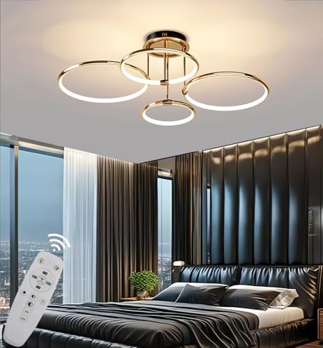 JINGKER LED-Deckenleuchte in Goldfarbe,moderne ringförmige Design-Hängelampe,dimmbare Wohnzimmer-Deckenbeleuchtung mit Fernbedienung,144 W Innenbeleuchtung Leuchtkörper (4 Ringe) von JINGKER