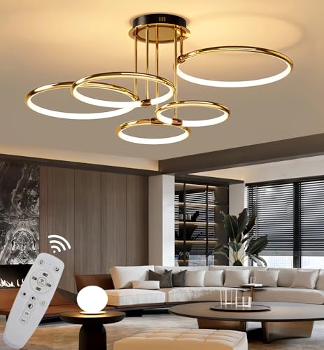 JINGKER LED-Deckenleuchte in Goldfarbe,moderne ringförmige Design-Hängelampe,dimmbare Wohnzimmer-Deckenbeleuchtung mit Fernbedienung,144 W Innenbeleuchtung Leuchtkörper (5 Ringe) von JINGKER