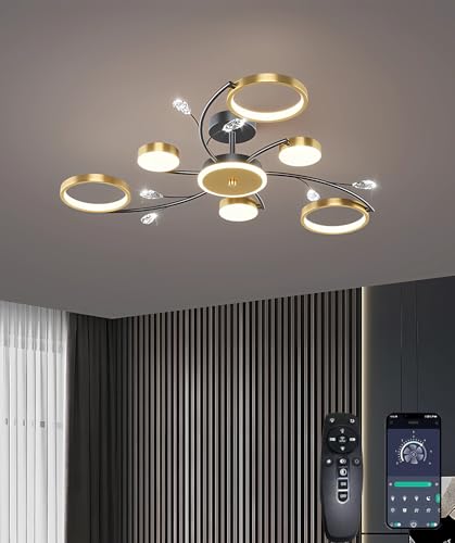 JINGKER LED dimmbare Kristall-Kronleuchter mit Fernbedienung einstellbar 3000K-6000K 110W Multi Kopf Deckenleuchte für Wohn-Schlafzimmer-Essen Energieeinsparung Warm Cool White (6+1 Köpfe) von JINGKER