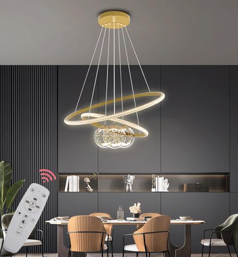 JINGKER Metall-LED-Hängeleuchte Deckenleuchte,3 rund 40+60+80 cm, 120 W Wohnzimmer dimmbar Deckenhängeleuchte,Fernbedienung 3000-6500 K, Acrylglas-Lampenschirm Hängeleuchte Esszimmer (Gold, 40+60) von JINGKER