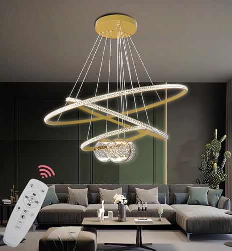 JINGKER Metall-LED-Hängeleuchte Deckenleuchte,3 rund 40+60+80 cm, 120 W Wohnzimmer dimmbar Deckenhängeleuchte,Fernbedienung 3000-6500 K, Acrylglas-Lampenschirm Hängeleuchte Esszimmer (Gold, 40+60+80) von JINGKER