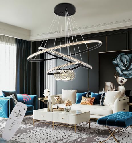 Metall-LED-Hängeleuchte Deckenleuchte,3 rund 40+60+80 cm, 120 W Wohnzimmer dimmbar Deckenhängeleuchte,Fernbedienung 3000-6500 K, Acrylglas-Lampenschirm Hängeleuchte Esszimmer (Schwarz, 40+60+80) von JINGKER