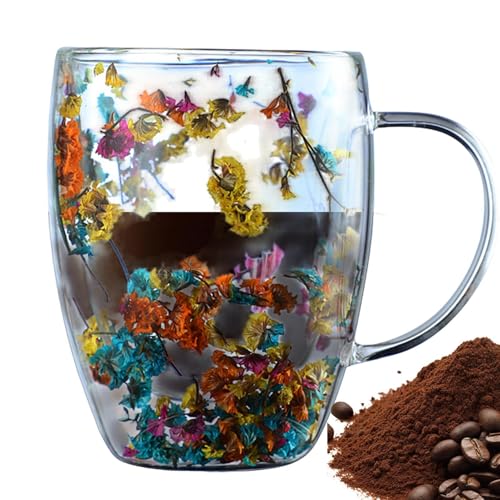 JINGLING 350ml Doppelwandige Kaffeebecher Aus Glas Mit Getrockneten Blumen, Blumen Doppelschicht Glasbecher, nti-Verbrühungs-Teetasse mit ergonomischem Griff, von JINGLING