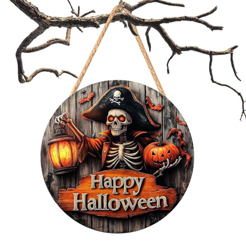 JINGLING Halloween Türschild Für Haustür - Zweidimensionales Halloween Holzschild - Wanddeko für Eingangsbereich Gruseliges Esszimmer mit Geisterhaus Kürbis Weißem Geist von JINGLING