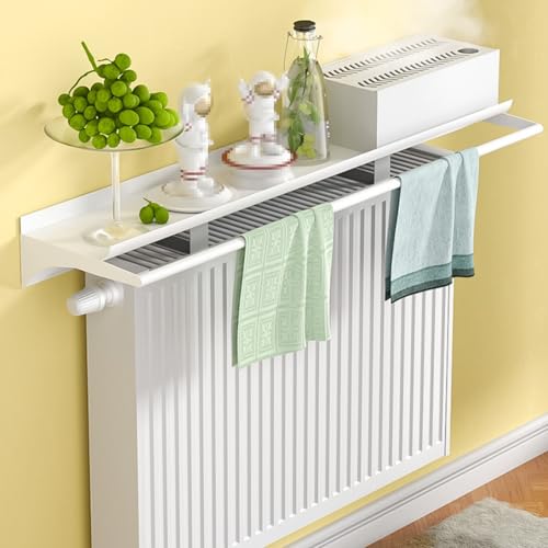 JINGSHIQIAOPL Heizkörper Regal Weiß, Heizkörperabdeckung Oben Platznutzung Ohne Bohren, Schwebendes Regal Ohne Bohren mit Handtuchhaltern und Luftbefeuchtern fürs Homeoffice(140cm/55in) von JINGSHIQIAOPL