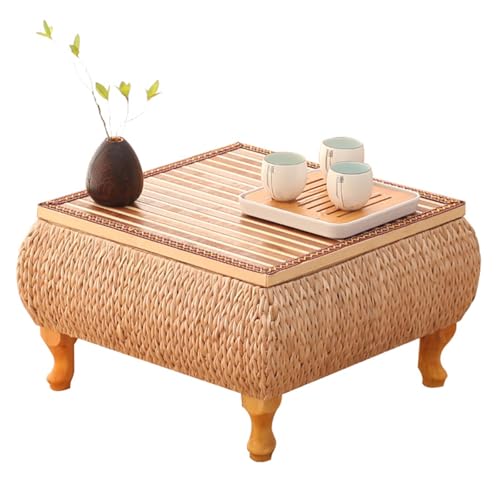 JINGSHIQIAOPL Japanischer Tatami-Couchtisch, Handgeflochtener Kleiner Japanischer Bodentisch mit Verstecktem Stauraum, Niedriger Tisch für Wohnzimmer, Schlafzimmer, Balkon(43x43x30cm/17x17x12in) von JINGSHIQIAOPL