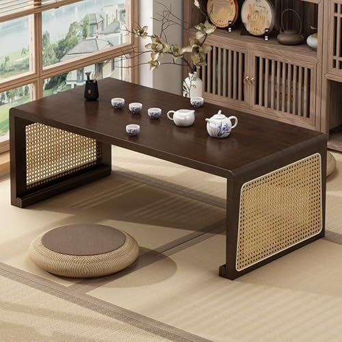 JINGSHIQIAOPL Japanischer Tatami-Couchtisch, Klappbarer Niedriger Tisch Aus Massivholz mit Handgeflochtenen Rattan-Akzenten, Ohne Montage, für Kleine Räume(Brown,67x40x30cm/26.5x16x12in) von JINGSHIQIAOPL
