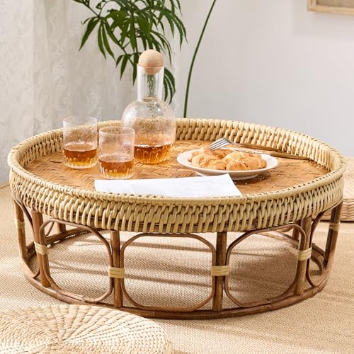 JINGSHIQIAOPL Japanischer Tatami-Couchtisch, Rattan Runder Niedriger Tisch, Japanische Möbel für Wohnzimmer, Schlafzimmer und Picknick Im Freien(76x76cm/30x30in) von JINGSHIQIAOPL