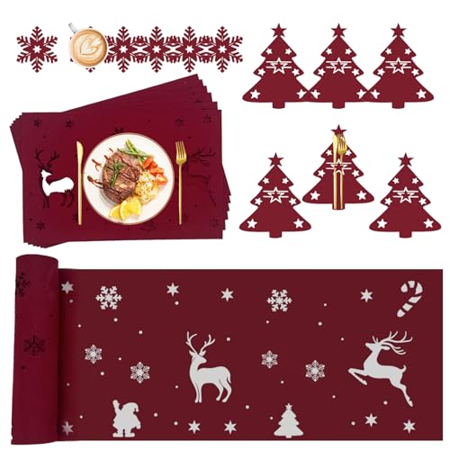 19 Stück Tischset Untersetzer-Set Weihnachten, Platzdeckchen Filz, Tischläufer Winter 150 * 40cm, Platzset Weihnachten Untersetzer, Bestecktasche Filz, Rot, Abwaschbar, Tischdeko Weihnachtsdeko Innen von JINGTOPS