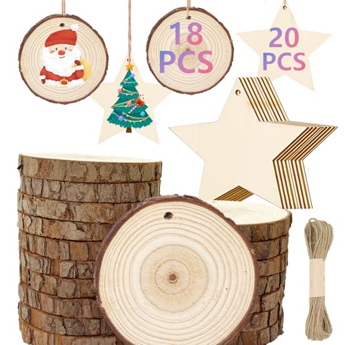 38 Stücke Weihnachtsdeko Holzscheiben,18 Baumscheiben mit Loch 7-8cm, 20 Holzsterne Zum Basteln, Rund Holzanhänger Weihnachten zum Bemalen, für Handwerk DIY, Party Herbstzeit Deko,mit Juteseil 38 Stücke Weihnachtsdeko Holzscheiben,18 Baumscheiben mit Loch 7-8cm, 20 Holzsterne Zum Basteln, Rund Holzanhänger Weihnachten zum Bemalen, für Handwerk DIY, Party Herbstzeit Deko,mit Juteseil von JINGTOPS