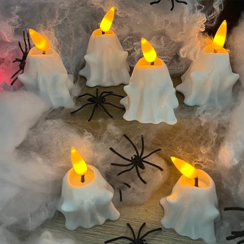 6 Stück Led Teelichter Weißer Geist,Teelichter Led Teelicht Halloween Deko Outdoor Innen Kerze,Halloween Kerzen Deko Licht Tischdeko Laterne Batteriebetrieben,Garten Dekoration Helloween Party Kinder von JINGTOPS