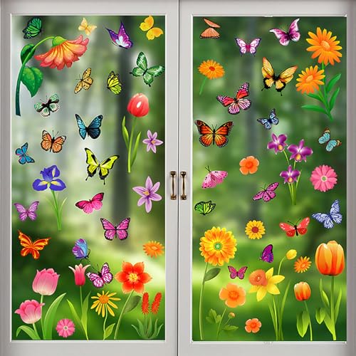 Frühling Fensteraufkleber, Fensterbilder Ostern Selbstklebend, Osterdeko, Fensterfolie Fensterbild für Kinderzimmer Kinder Party Zubehör, Vögel Blumen Schmetterlinge Fensterstick,Wiederverwendbar (B) von JINGTOPS