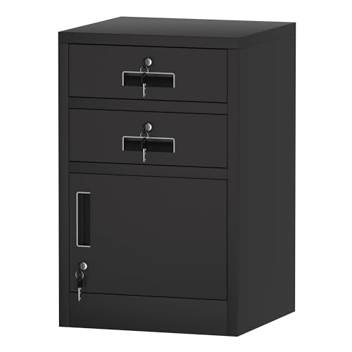 JINGUR Metallschrank mit verschließbarer Tür und 2 abschließbaren Schubladen für Zuhause, Büro, Schlafzimmer, Wohnzimmer (schwarz) von JINGUR