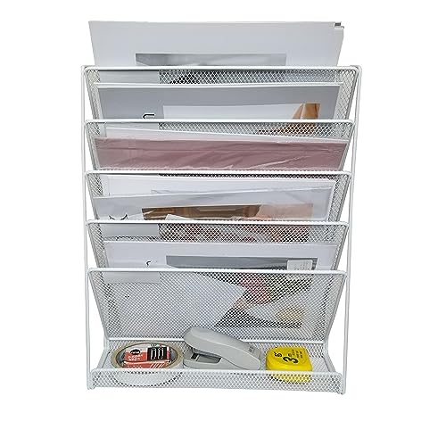 JINGWAYS Hängender Wandordner, Zeitschriftenhalter, Postsortierer, Zeitschriftenständer, Bürobedarf, Metallgeflecht, Schreibtisch-Organizer mit flacher Unterseite, 6 Ebenen (weiß) von JINGWAYS